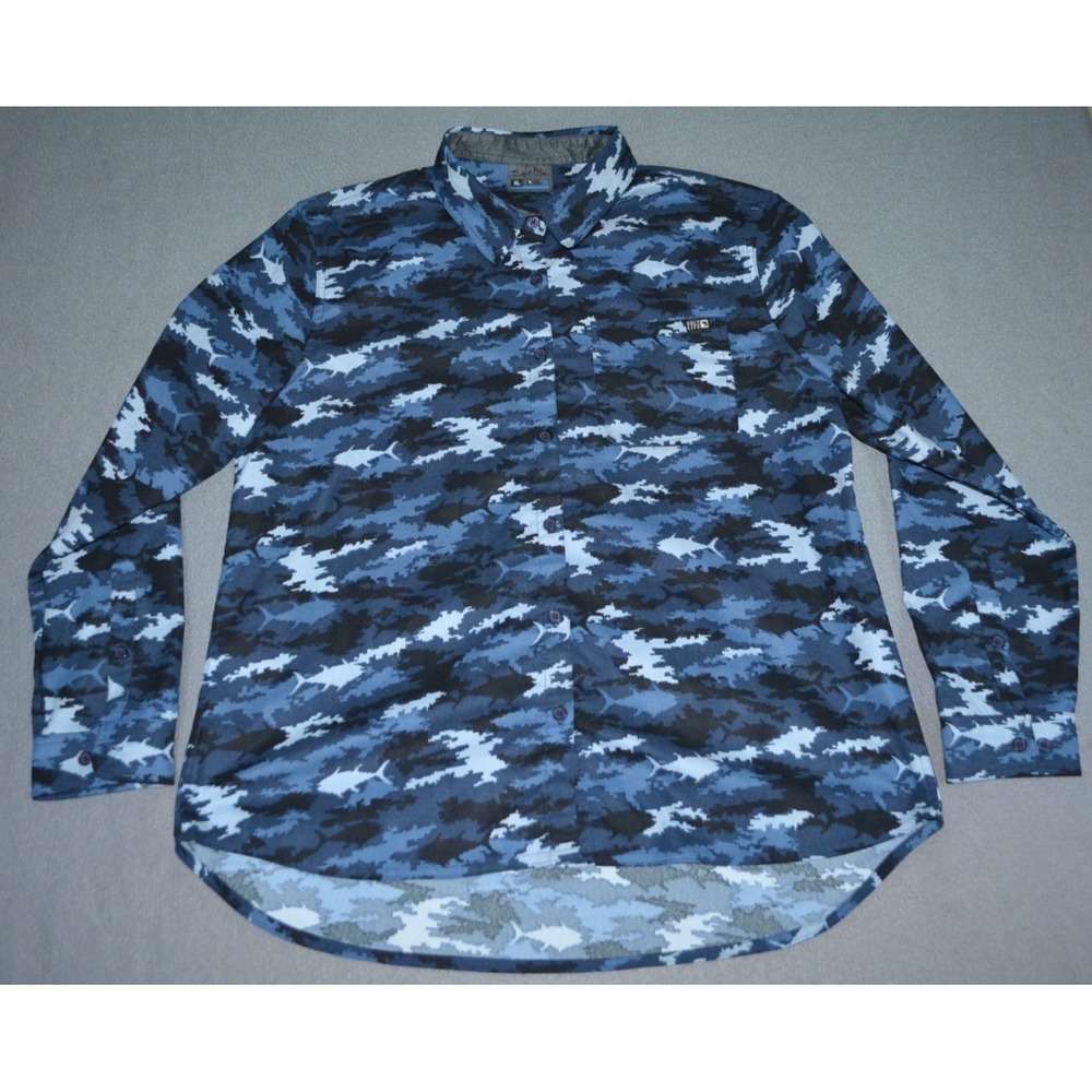 Salt Life SLX Shirt Mens XL Blue Fish Print Camo Fishing Button Up Long Sleeve
